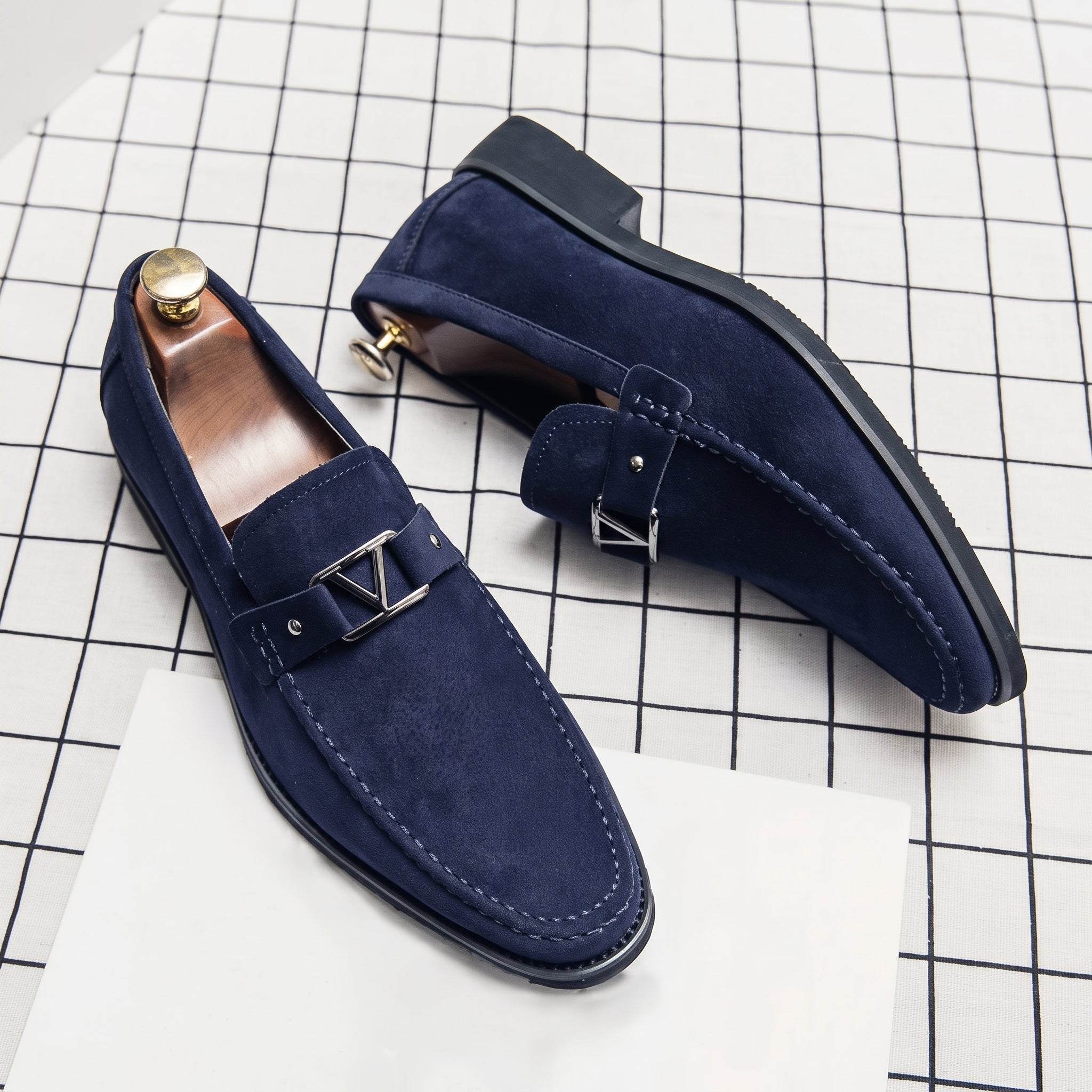 Harrison - Men's Smart Casual Loafers with Metal Buckle Detail - Loafers - Blue - Davies & Cooper
