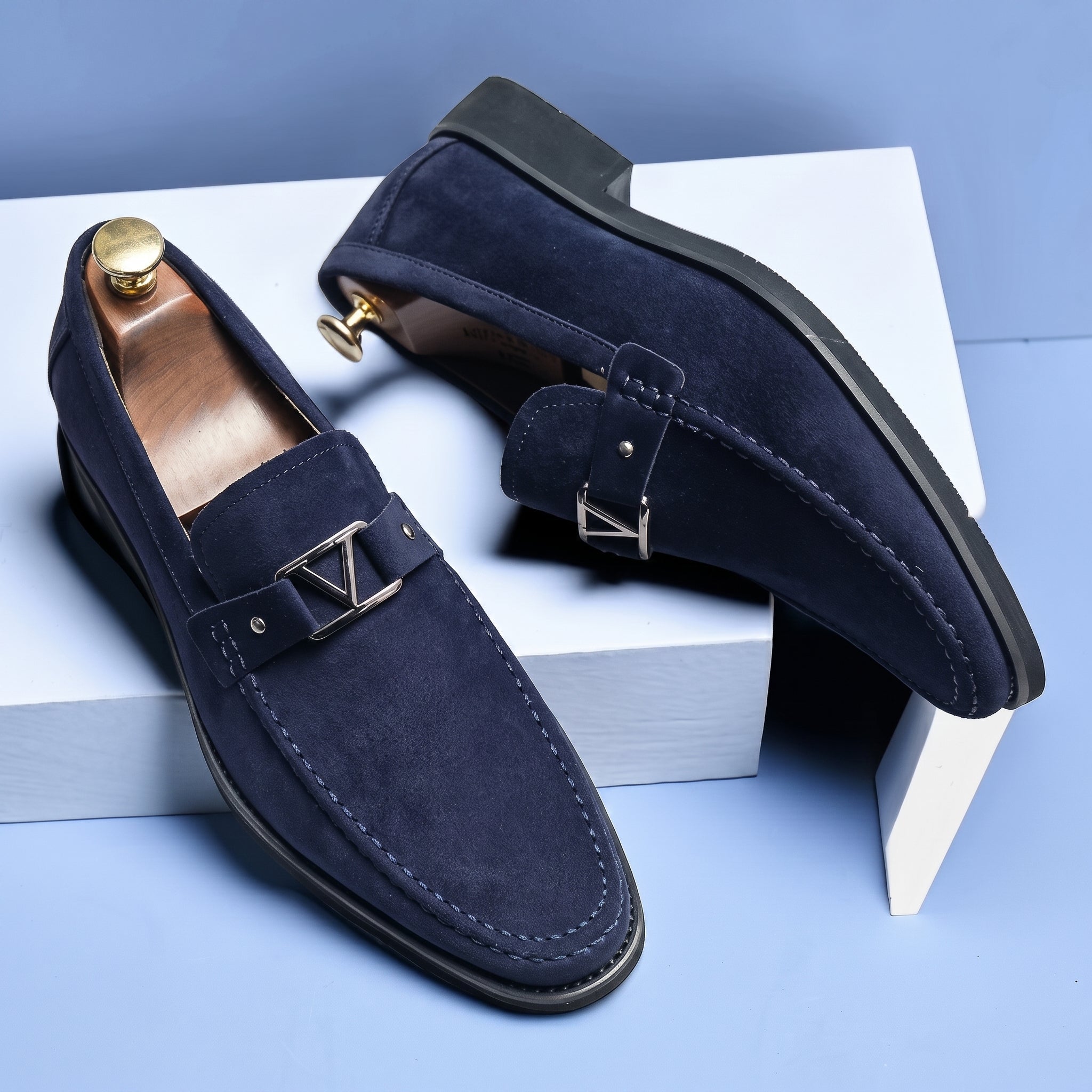 Harrison - Men's Smart Casual Loafers with Metal Buckle Detail - Loafers - Blue - Davies & Cooper