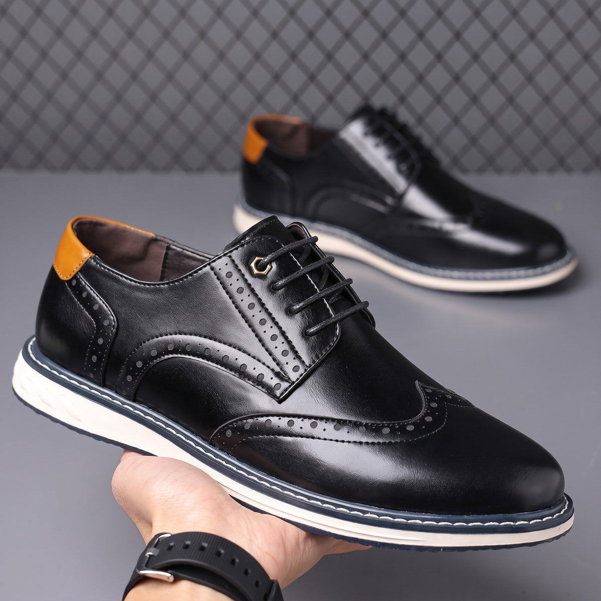 Hudson - Men's Brogue Oxford Shoes with Contrasting Sole - Shoes - Black - Davies & Cooper