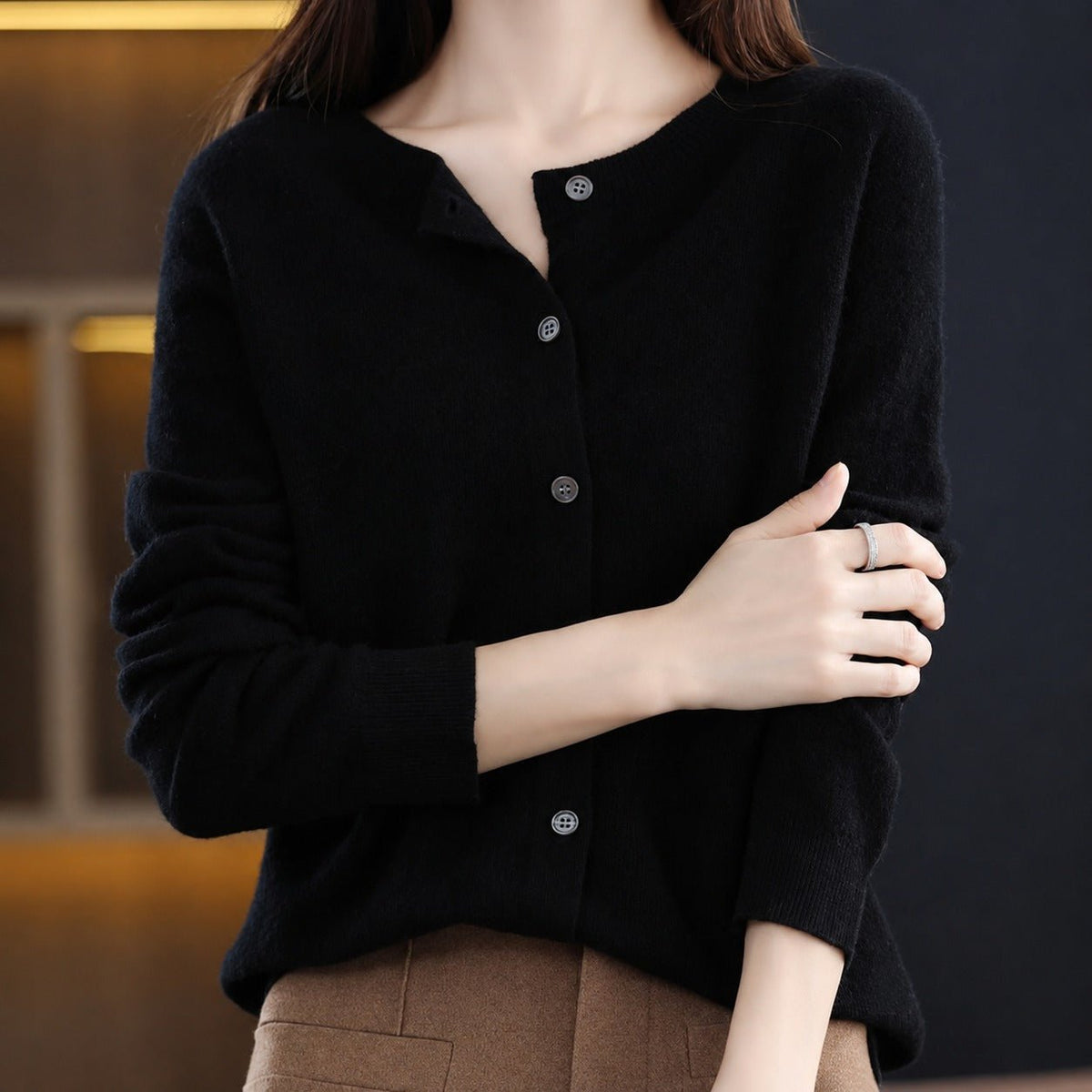 Ina - Women's Round Neck Button-Front Knit Cardigan - Cardigans - Black - Davies & Cooper