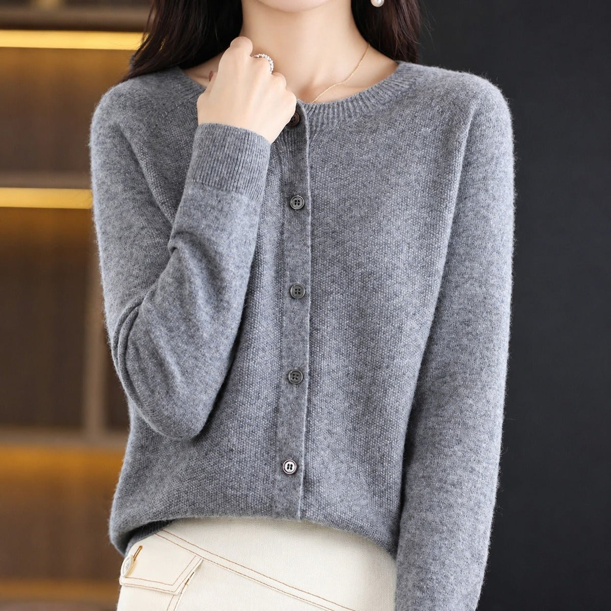 Ina - Women's Round Neck Button-Front Knit Cardigan - Cardigans - Grey - Davies & Cooper