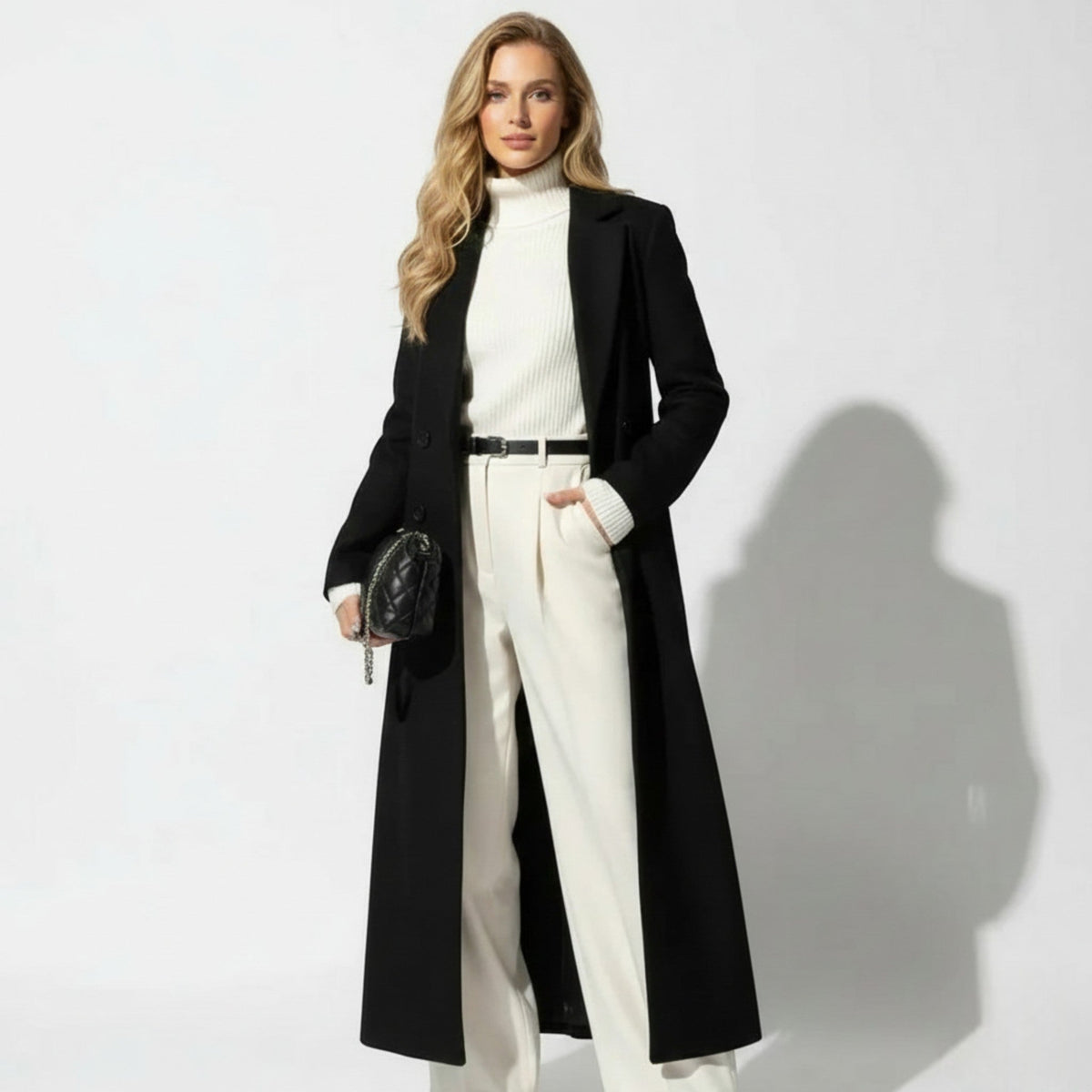 Ines – Women's Longline Tailored Coat - Trench Coats - Black - Davies & Cooper