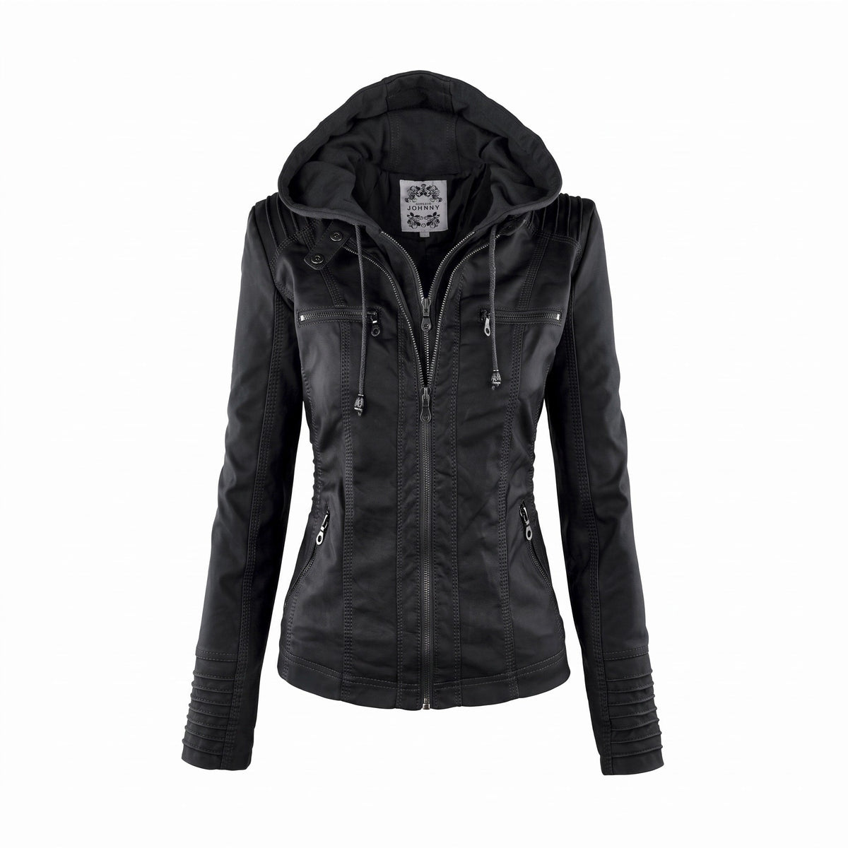 Isabella - Women's Detachable Hood Biker Jacket with Zip Pockets - Motorcycle Outerwear - Black - Davies & Cooper