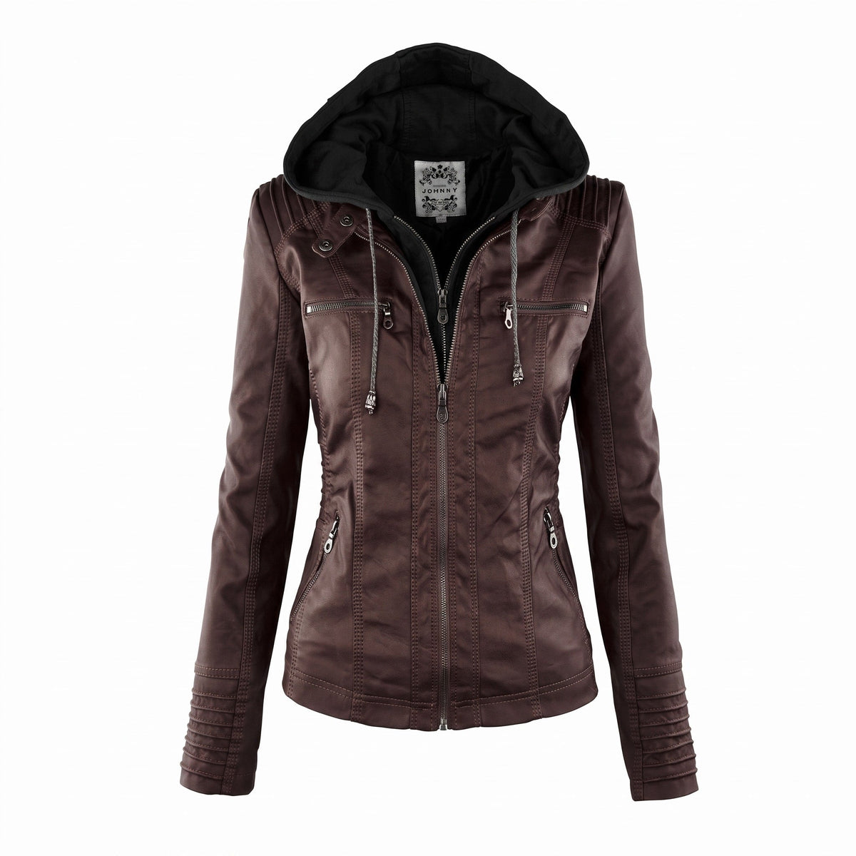 Isabella - Women's Detachable Hood Biker Jacket with Zip Pockets - Motorcycle Outerwear - Brown - Davies & Cooper