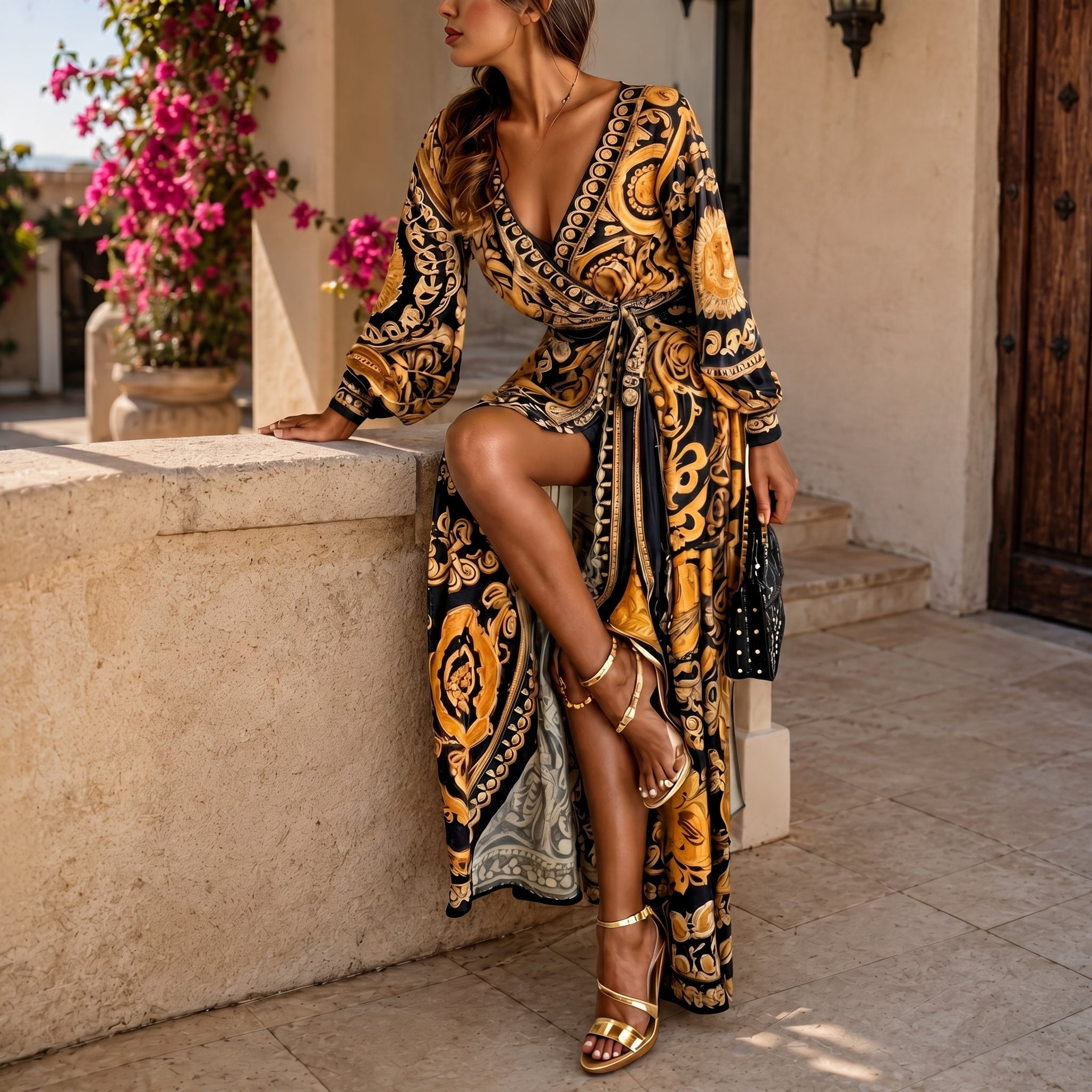 Isabella - Women's Evening Baroque Print Split Maxi Dress - Maxi Dress - Yellow - Davies & Cooper