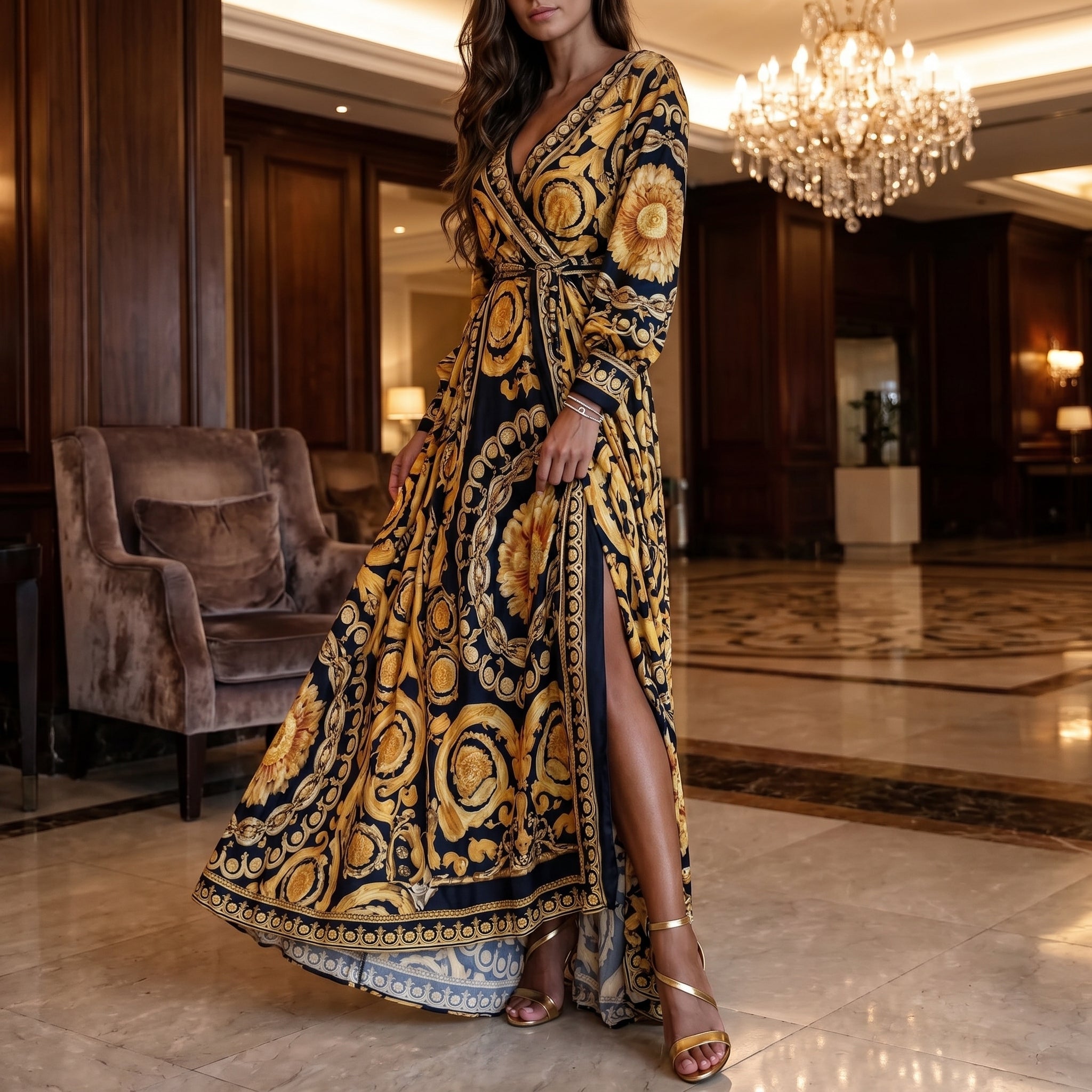 Isabella - Women's Evening Baroque Print Split Maxi Dress - Maxi Dress - Yellow - Davies & Cooper