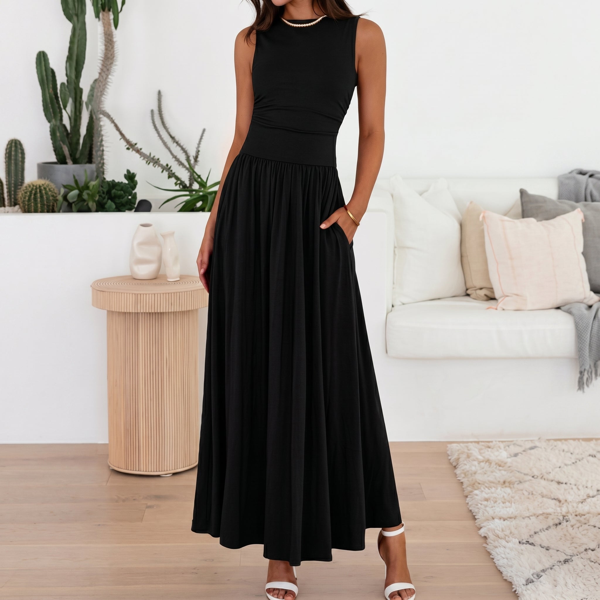 Isabella - Women's Summer Ruched Waist Maxi Dress - Maxi Dress - Black - Davies & Cooper