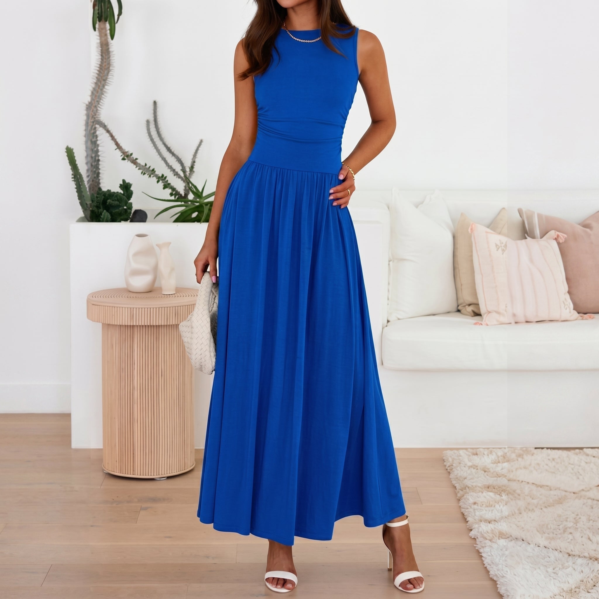 Isabella - Women's Summer Ruched Waist Maxi Dress - Maxi Dress - Blue - Davies & Cooper