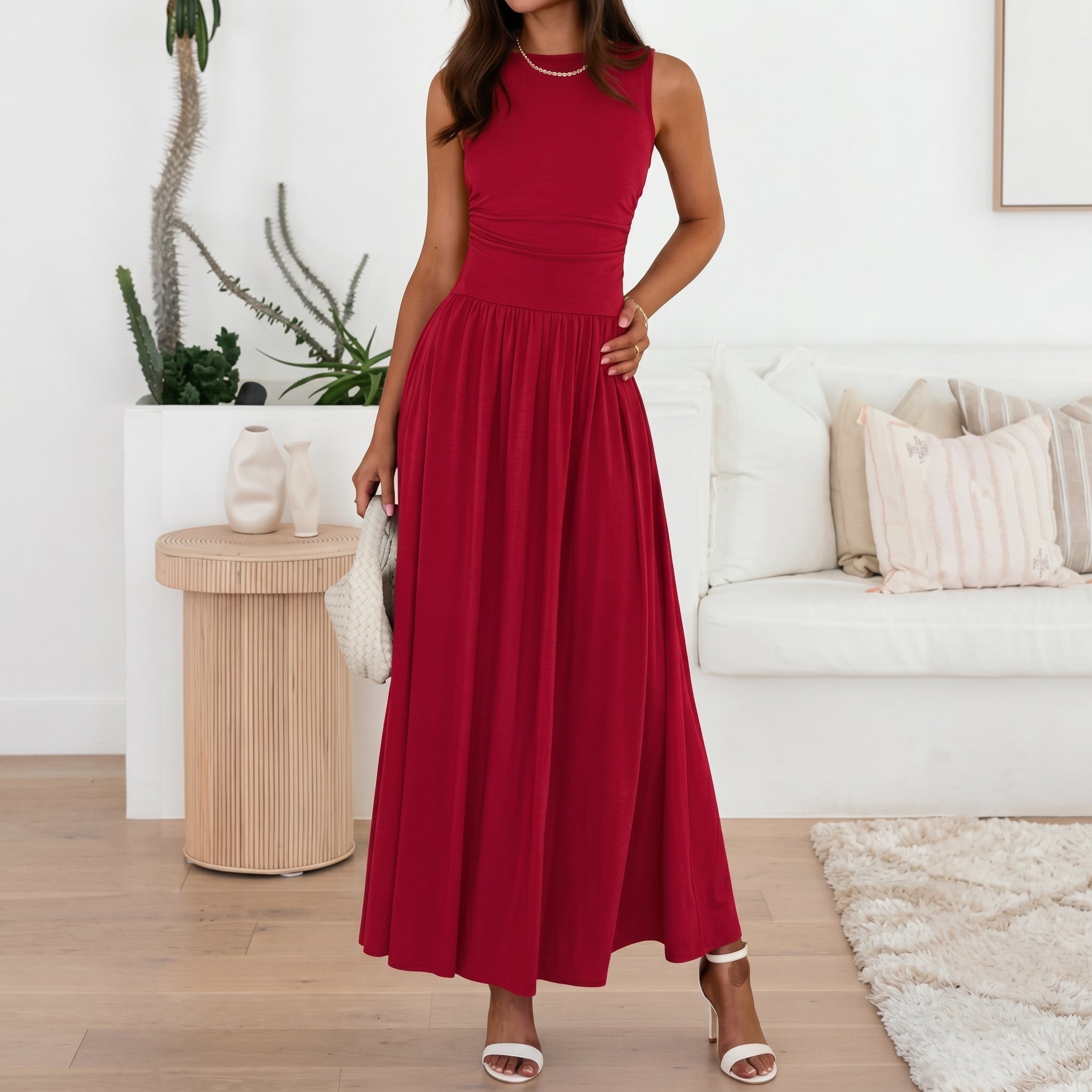 Isabella - Women's Summer Ruched Waist Maxi Dress - Maxi Dress - Red - Davies & Cooper