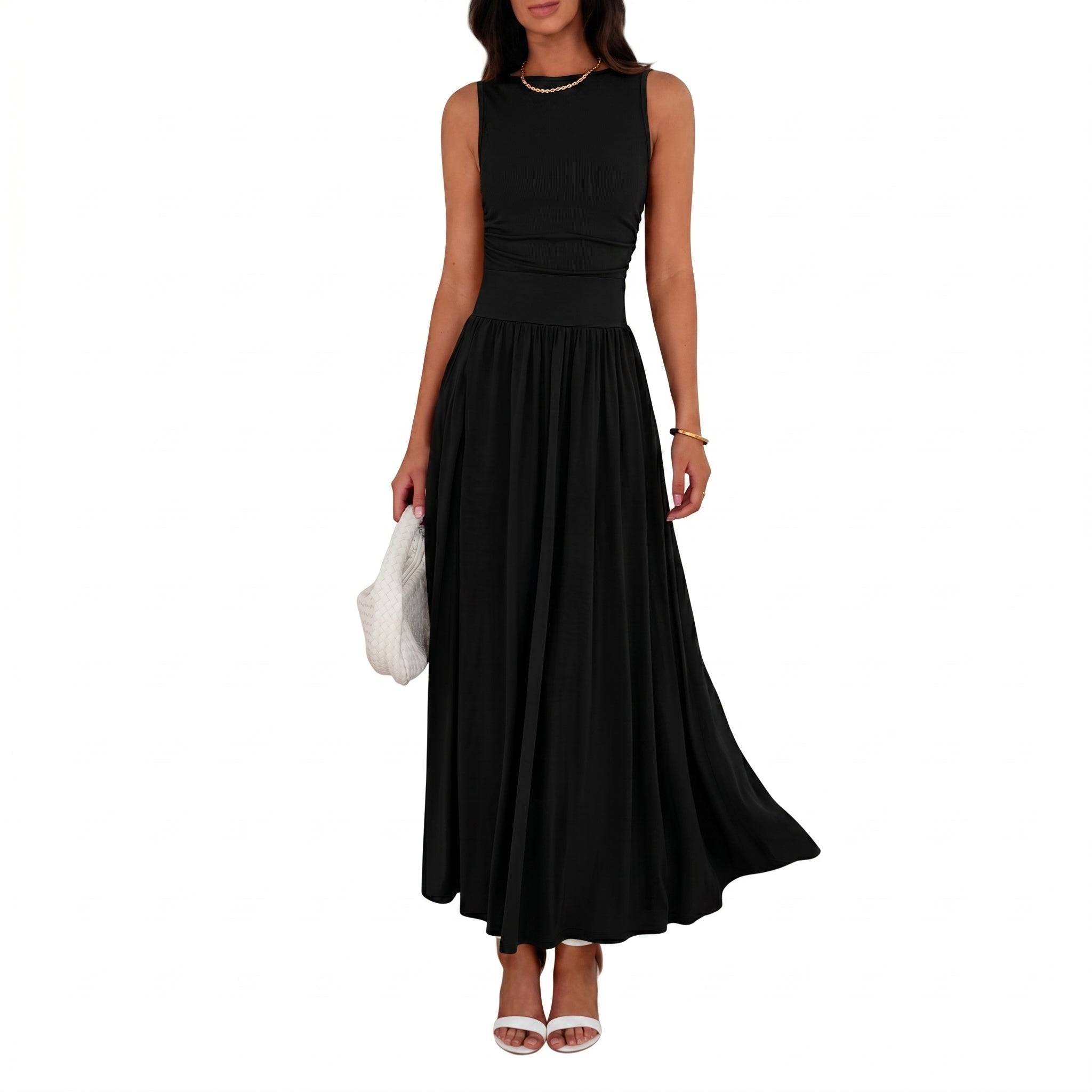 Isabella - Women's Summer Ruched Waist Maxi Dress - Maxi Dress - Black - Davies & Cooper