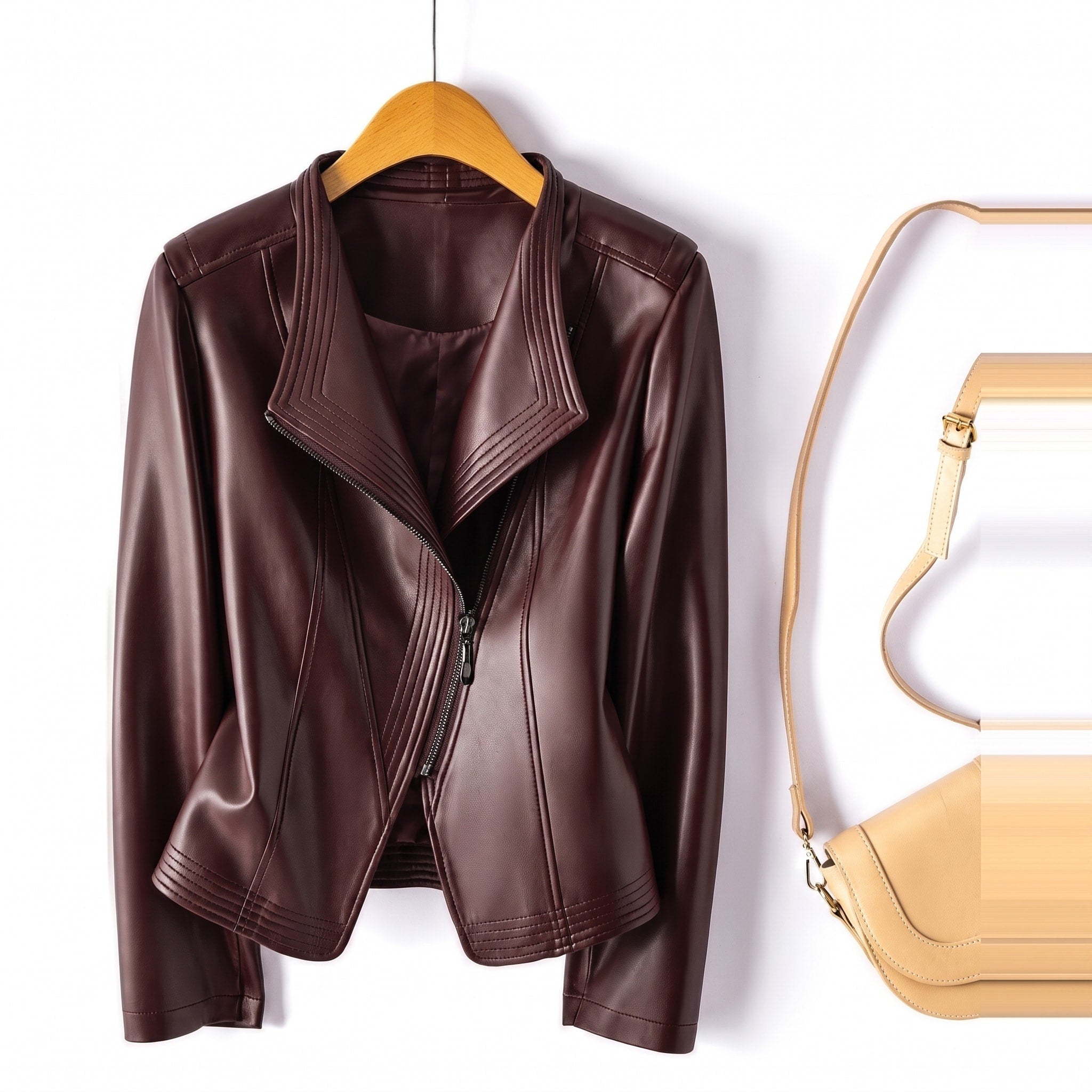Isabella - Women's Wide Lapel Cropped Biker Jacket with Asymmetric Zip - Motorcycle Outerwear - Dark Red - Davies & Cooper