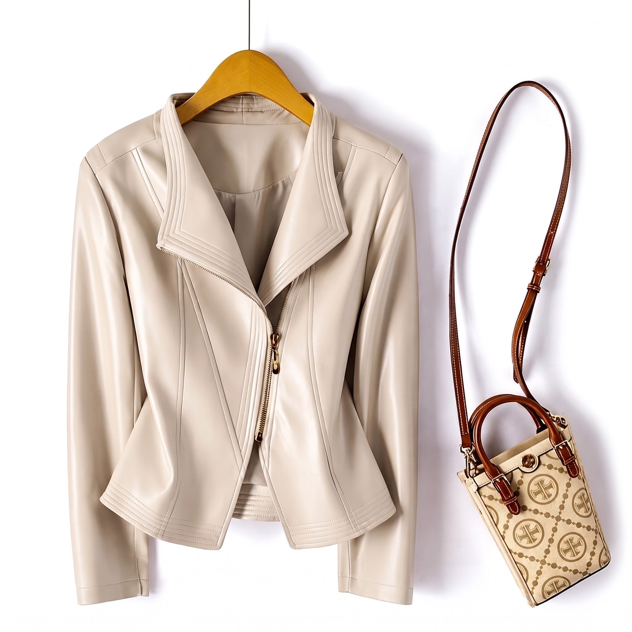Isabella - Women's Wide Lapel Cropped Biker Jacket with Asymmetric Zip - Motorcycle Outerwear - Beige - Davies & Cooper