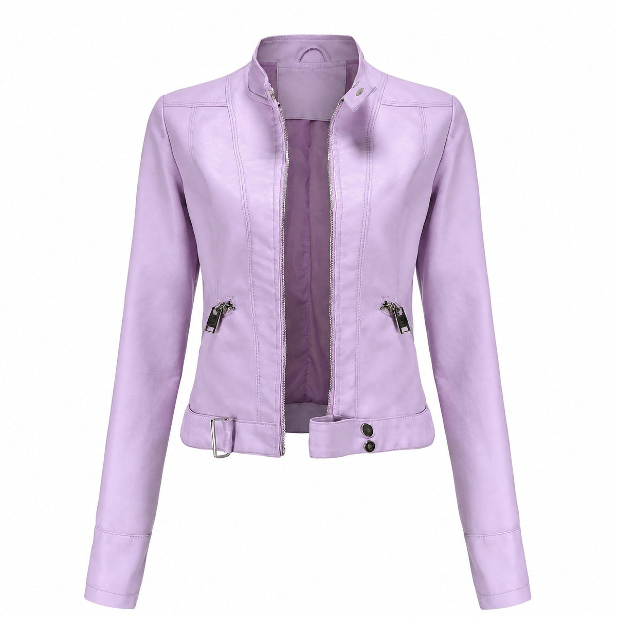 Isabelle - Women's Cropped Biker Jacket with Zip Pockets and Belted Hem - Motorcycle Outerwear - Pink - Davies & Cooper