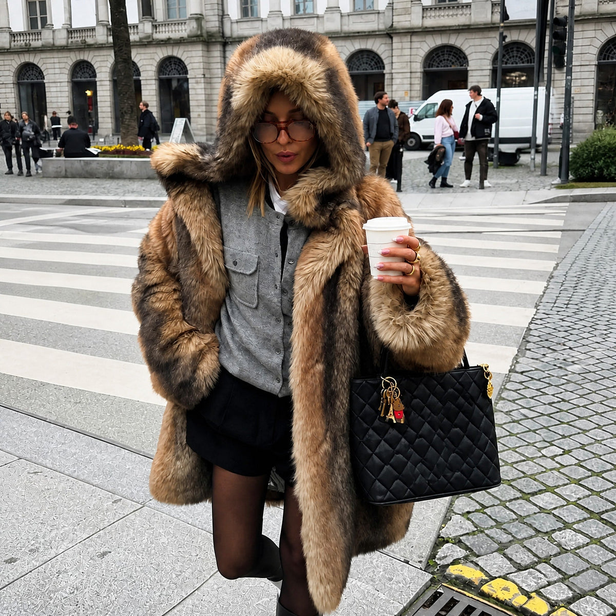 Isabelle - Women's Faux Fur Hooded Longline Coat with Button Front - Coats & Jackets - Brown - Davies & Cooper