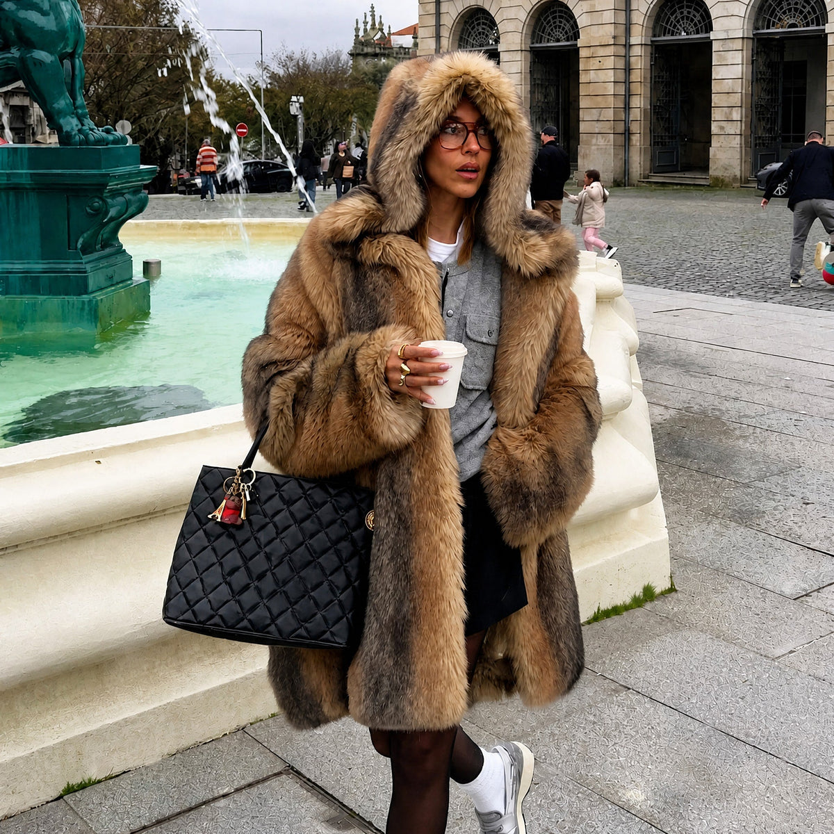 Isabelle - Women's Faux Fur Hooded Longline Coat with Button Front - Coats & Jackets - Brown - Davies & Cooper