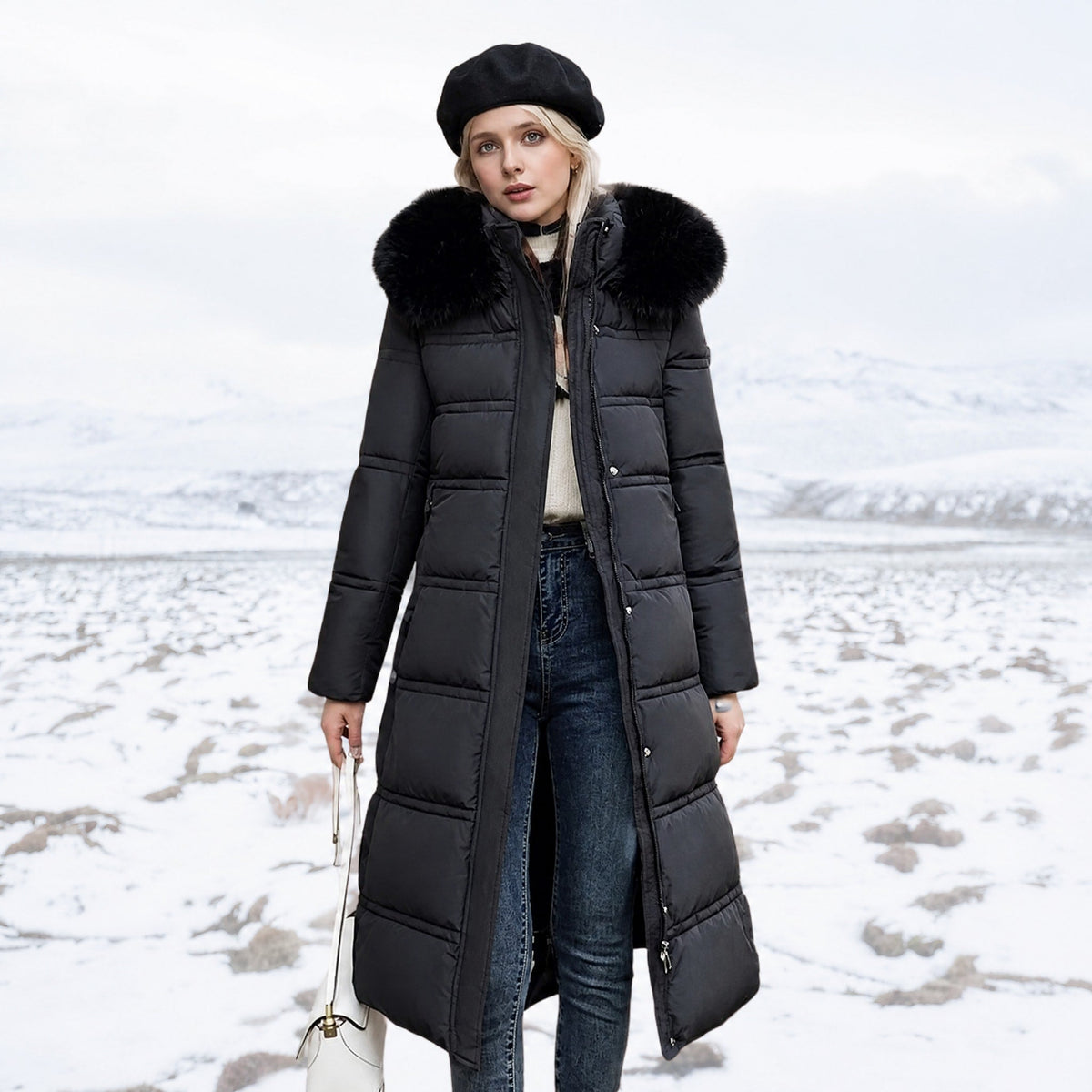 Isabelle - Women's Hooded Longline Puffer Parka with Faux Fur Trim - Parkas - Black - Davies & Cooper