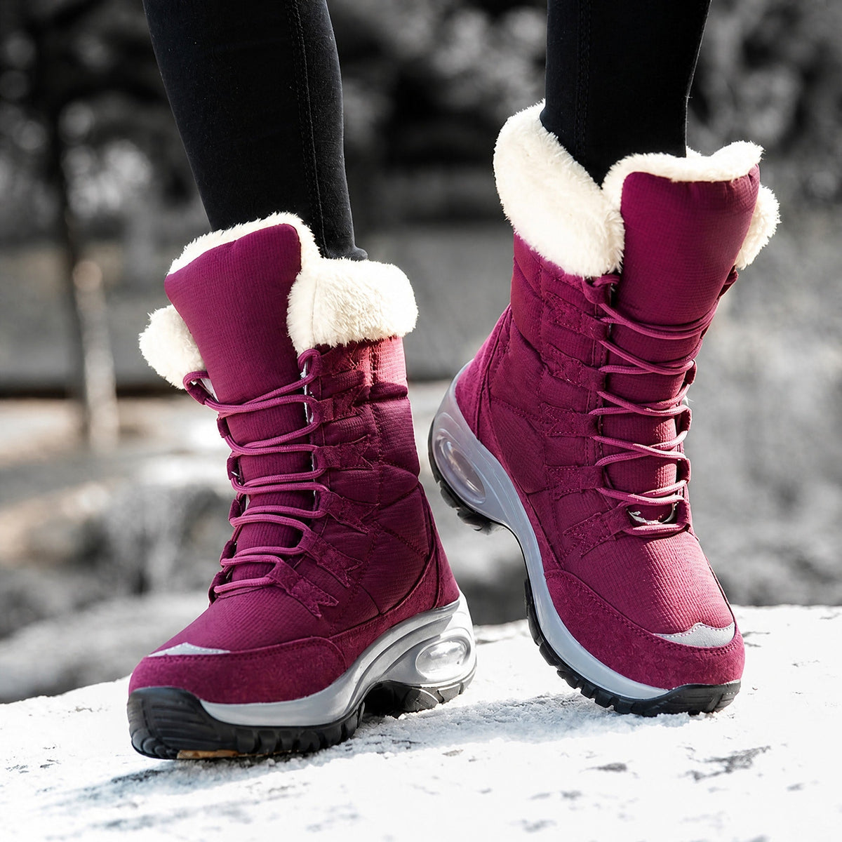 Isabelle - Women's Lace-Up Mid-Calf Snow Boots with Chunky Sole - Red - Davies & Cooper