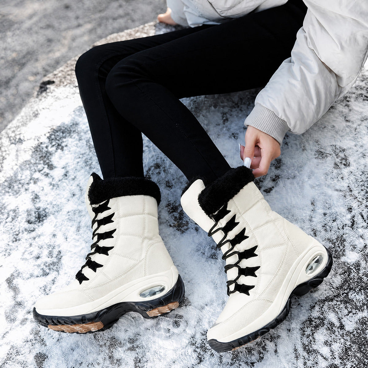 Isabelle - Women's Lace-Up Mid-Calf Snow Boots with Chunky Sole - Beige - Davies & Cooper