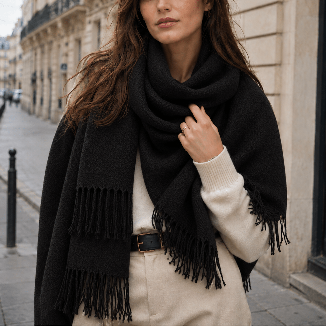 Isabelle – Women’s Oversized Fringed Plaid Blanket Scarf - Scarves & Shawls - Black - Davies & Cooper