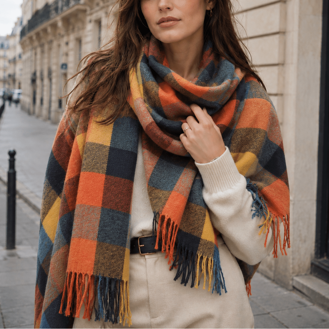 Isabelle – Women’s Oversized Fringed Plaid Blanket Scarf - Scarves & Shawls - Orange - Davies & Cooper