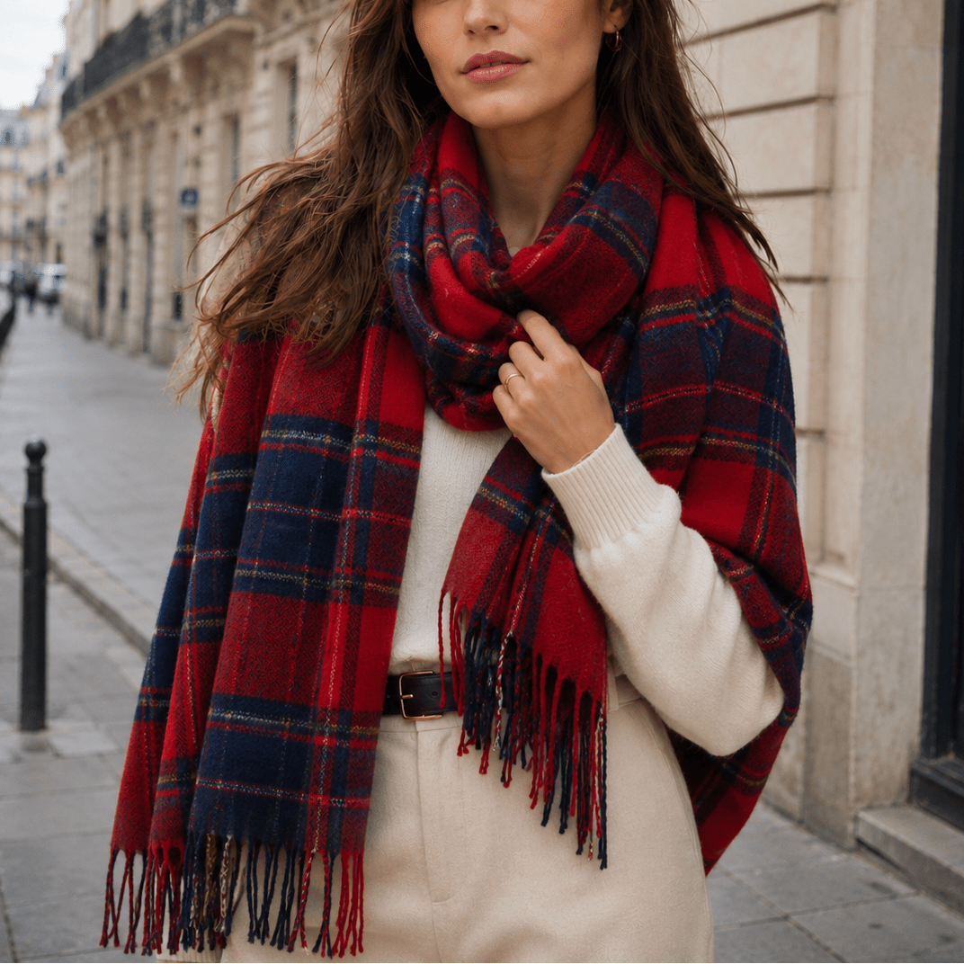 Isabelle – Women’s Oversized Fringed Plaid Blanket Scarf - Scarves & Shawls - Red - Davies & Cooper