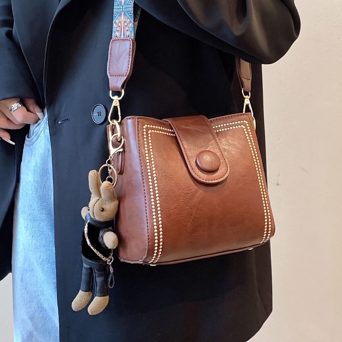 Isabelle - Women's Studded Top Handle Bucket Bag with Adjustable Wide Strap - Bucket Bags - Dark Brown - Davies & Cooper