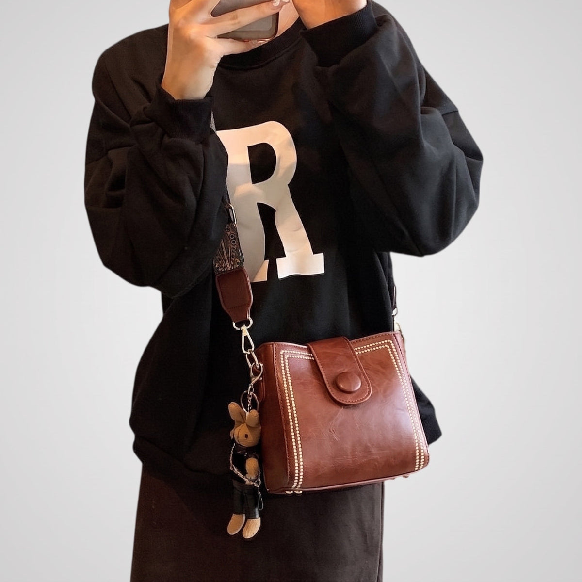 Isabelle - Women's Studded Top Handle Bucket Bag with Adjustable Wide Strap - Bucket Bags - Dark Brown - Davies & Cooper