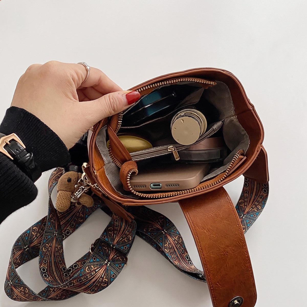 Isabelle - Women's Studded Top Handle Bucket Bag with Adjustable Wide Strap - Bucket Bags - Brown - Davies & Cooper