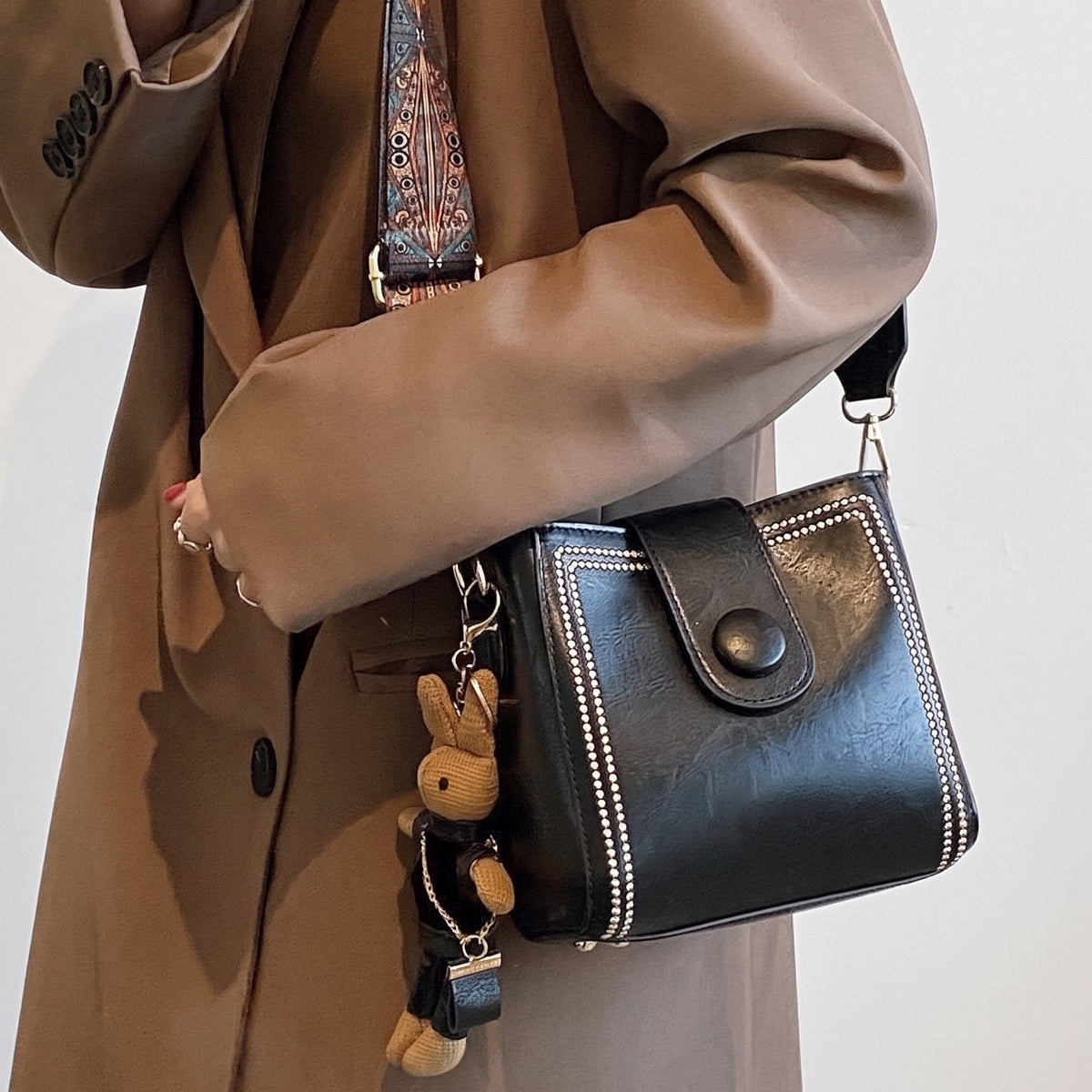 Isabelle - Women's Studded Top Handle Bucket Bag with Adjustable Wide Strap - Bucket Bags - Black - Davies & Cooper