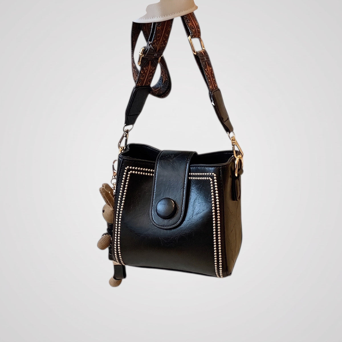 Isabelle - Women's Studded Top Handle Bucket Bag with Adjustable Wide Strap - Bucket Bags - Black - Davies & Cooper