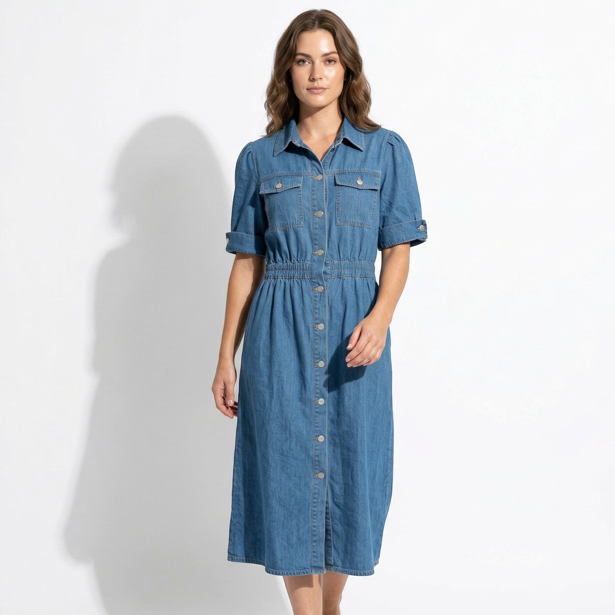 Isabelle – Women's Summer Denim Midi Dress with Button - Down Front - Midi Dress - Blue - Davies & Cooper
