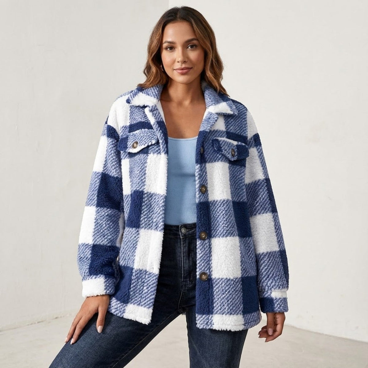 Isalie – Women's Check Jacket - Cardigans - Blue - Davies & Cooper