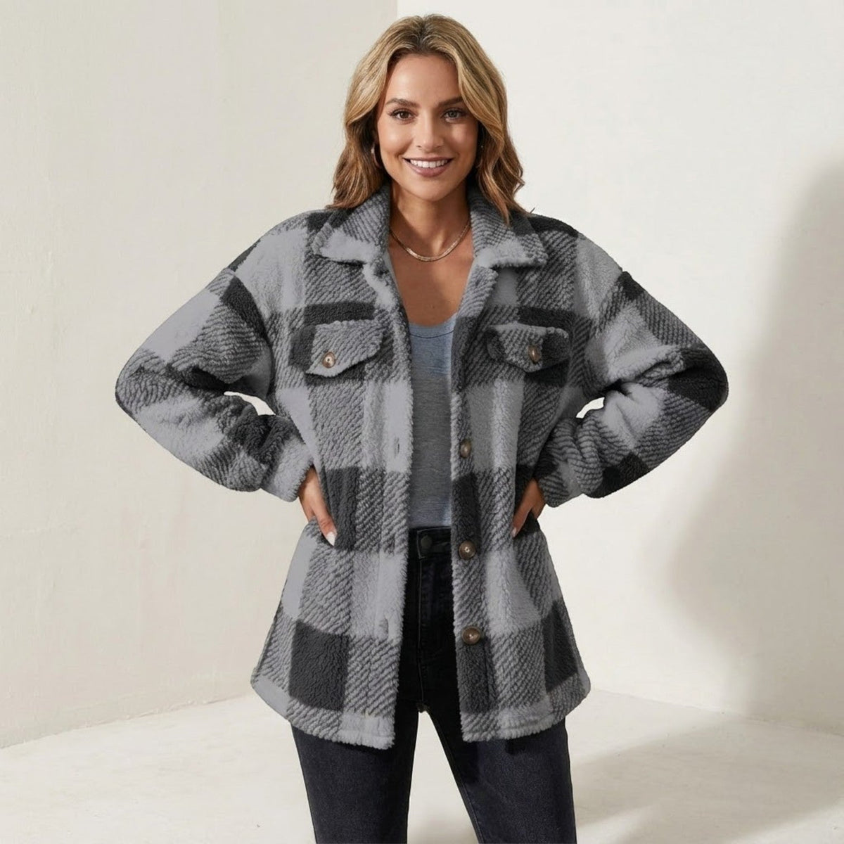 Isalie – Women's Check Jacket - Cardigans - Dark grey - Davies & Cooper