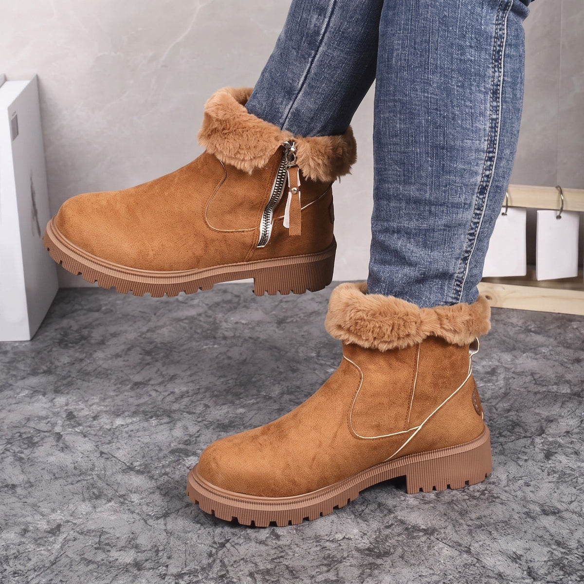 Isla - Women's Chunky Sole Ankle Boots with Side Zip - Boots - Brown - Davies & Cooper