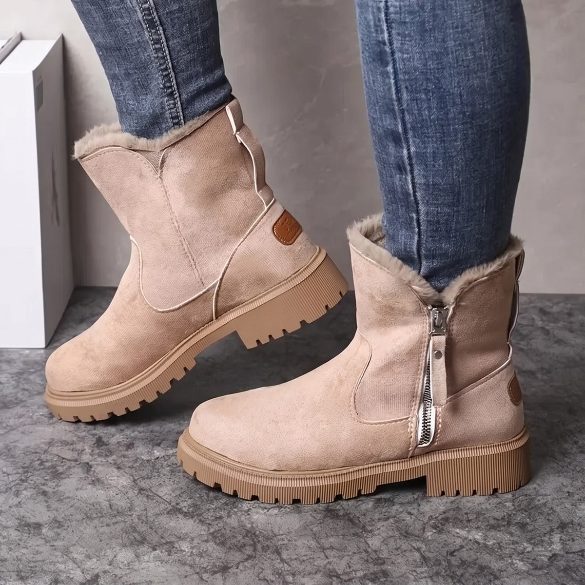Isla - Women's Chunky Sole Ankle Boots with Side Zip - Boots - Khaki - Davies & Cooper