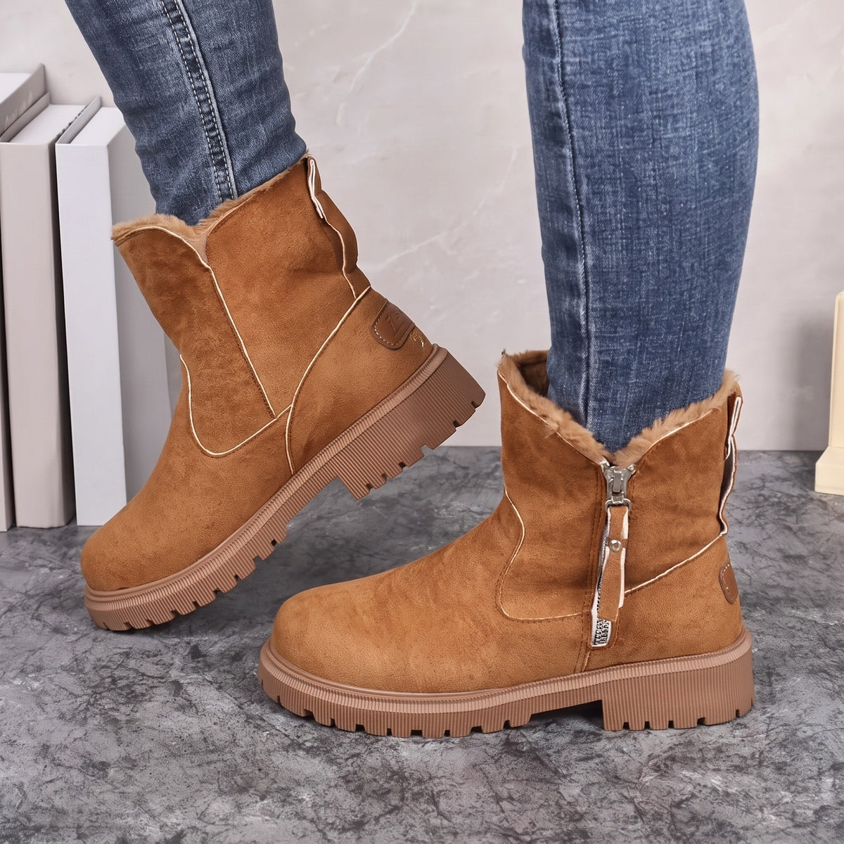 Isla - Women's Chunky Sole Ankle Boots with Side Zip - Boots - Brown - Davies & Cooper