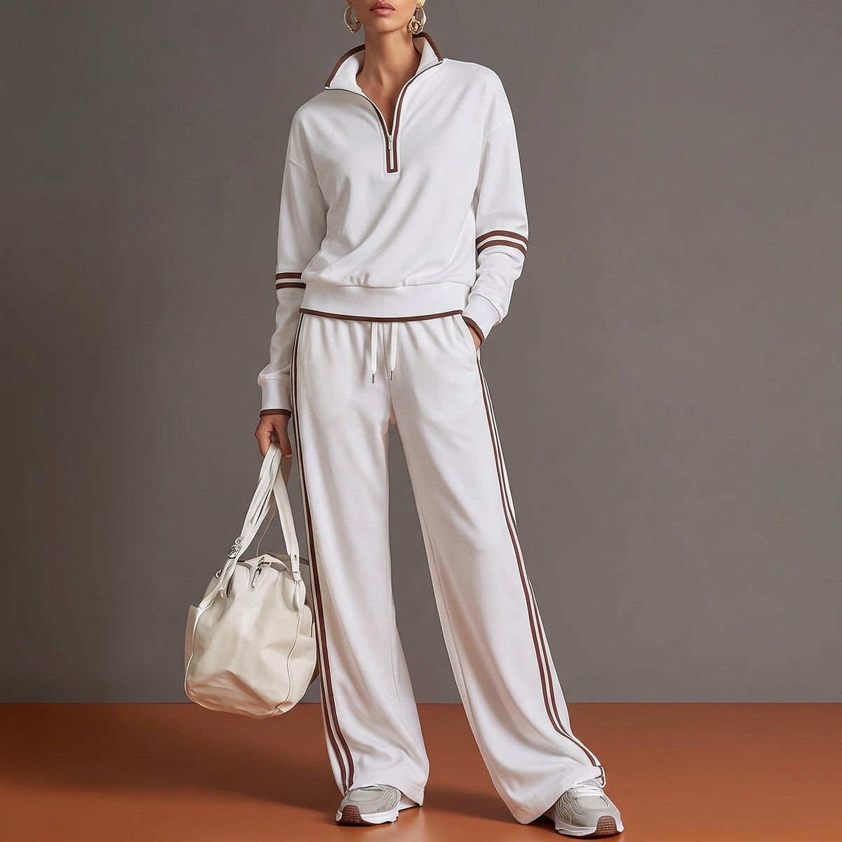 Isla - Women's Half-Zip Striped Wide-Leg Tracksuit Set - Loungewear Sets - Light Grey - Davies & Cooper
