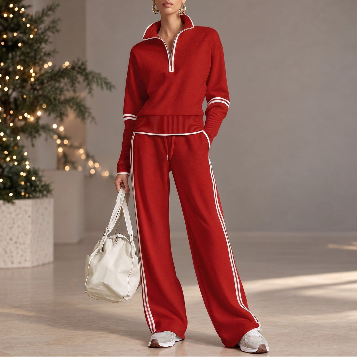 Isla - Women's Half-Zip Striped Wide-Leg Tracksuit Set - Loungewear Sets - Red - Davies & Cooper