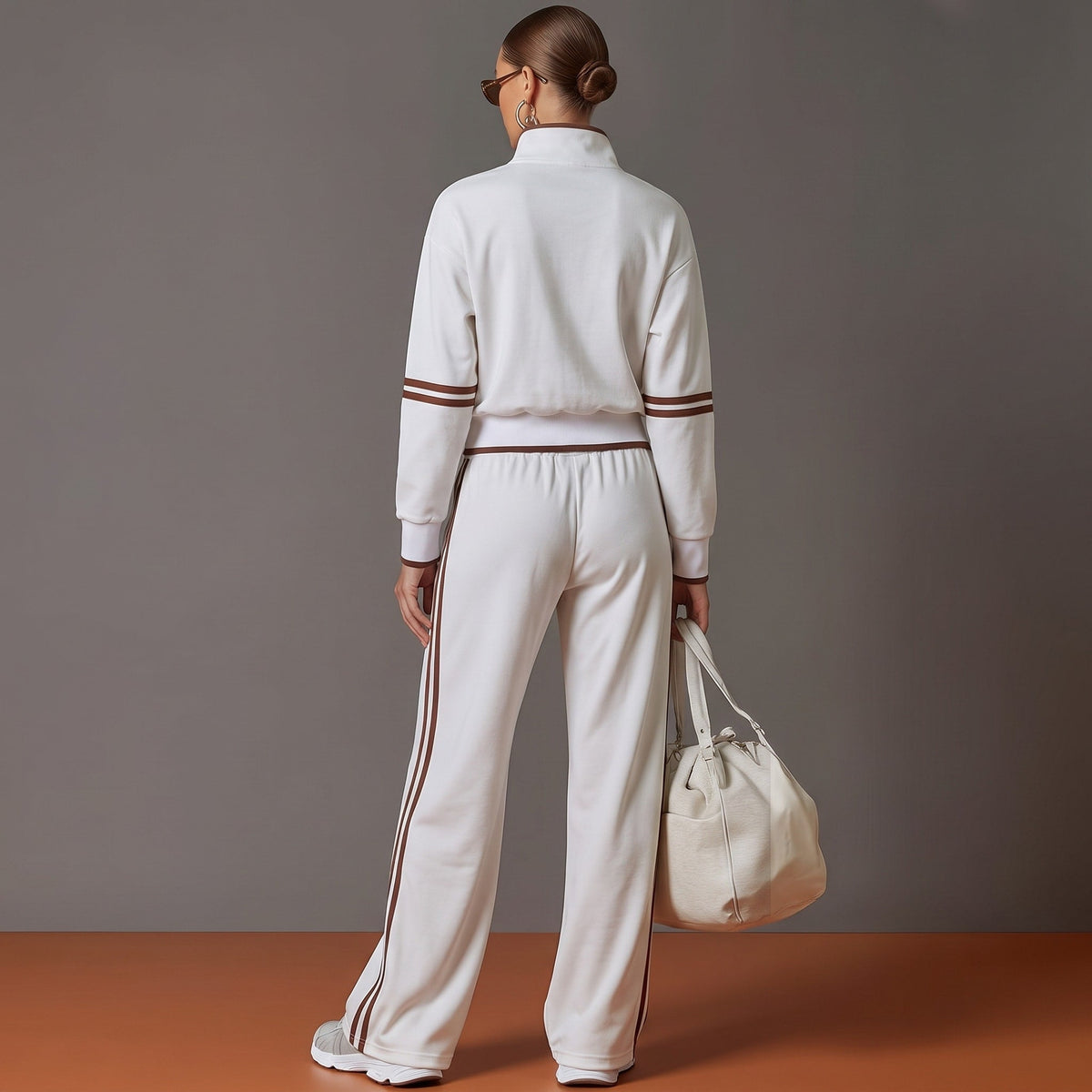Isla - Women's Half-Zip Striped Wide-Leg Tracksuit Set - Loungewear Sets - Light Grey - Davies & Cooper