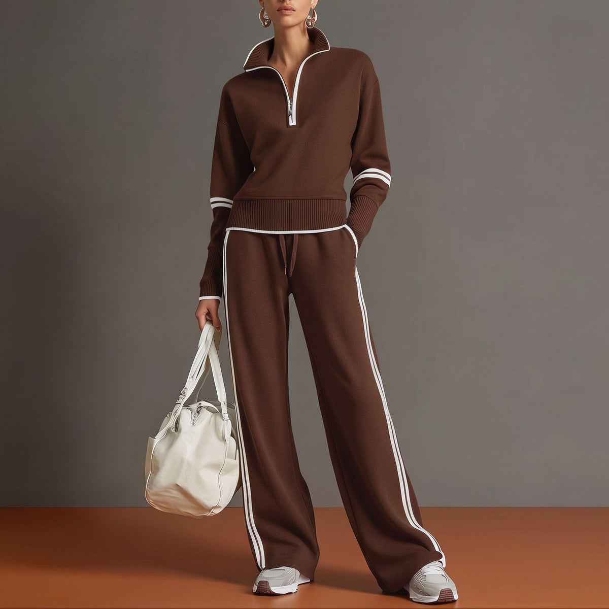 Isla - Women's Half-Zip Striped Wide-Leg Tracksuit Set - Loungewear Sets - Brown - Davies & Cooper