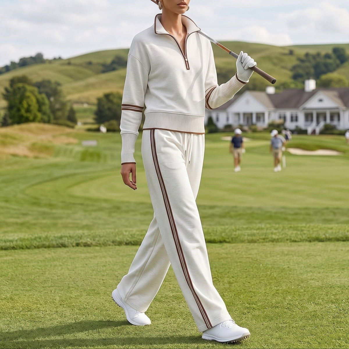 Isla - Women's Half-Zip Striped Wide-Leg Tracksuit Set - Loungewear Sets - Light Grey - Davies & Cooper