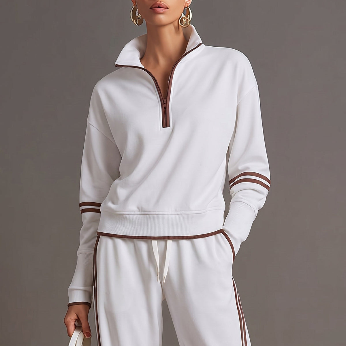 Isla - Women's Half-Zip Striped Wide-Leg Tracksuit Set - Loungewear Sets - Light Grey - Davies & Cooper