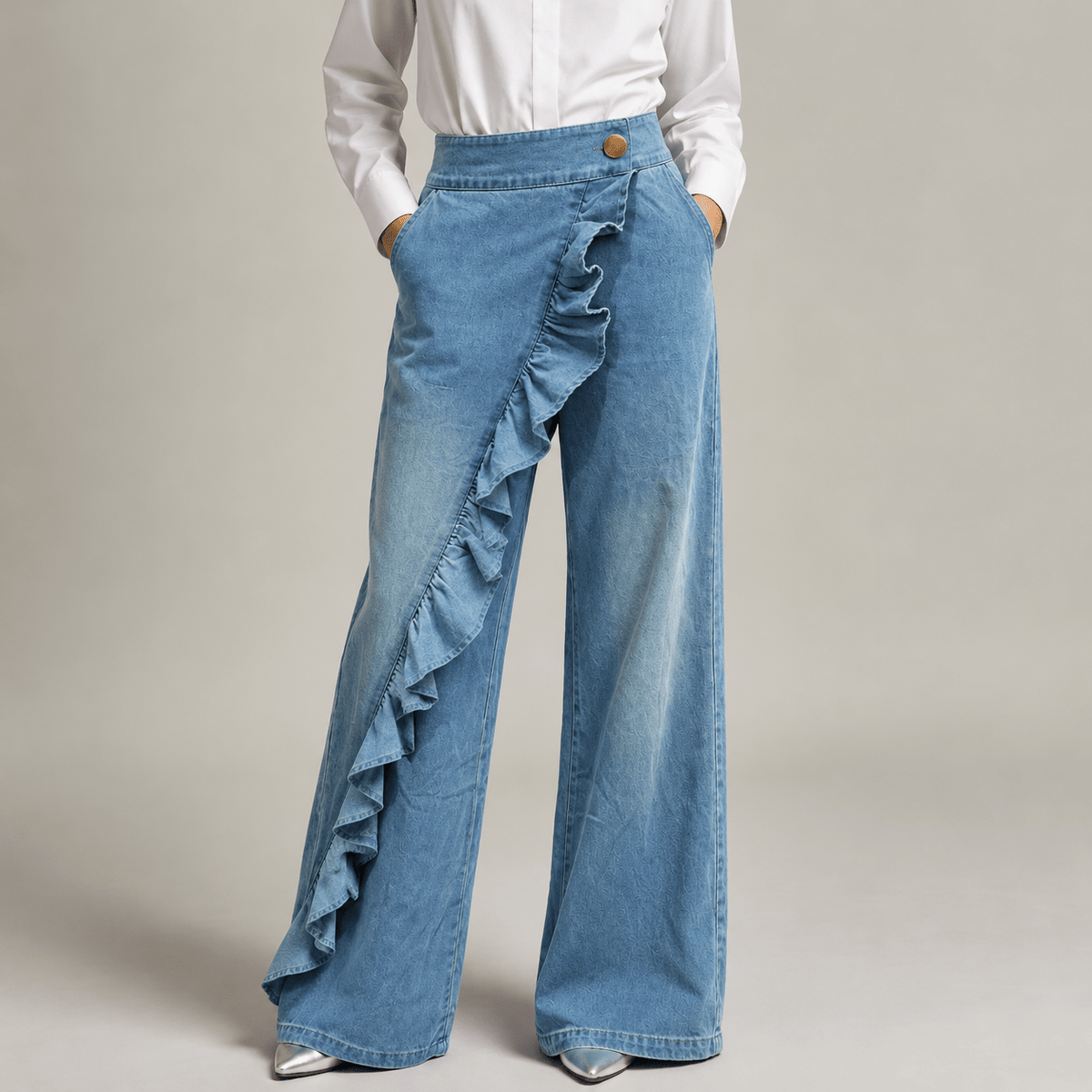 Isla - Women's High-Waisted Wide-Leg Ruffle Denim Pants - Jeans - Light Blue - Davies & Cooper