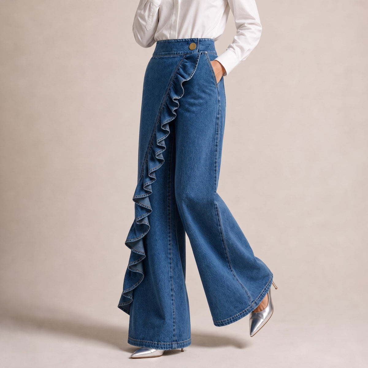 Isla - Women's High-Waisted Wide-Leg Ruffle Denim Pants - Jeans - Blue - Davies & Cooper