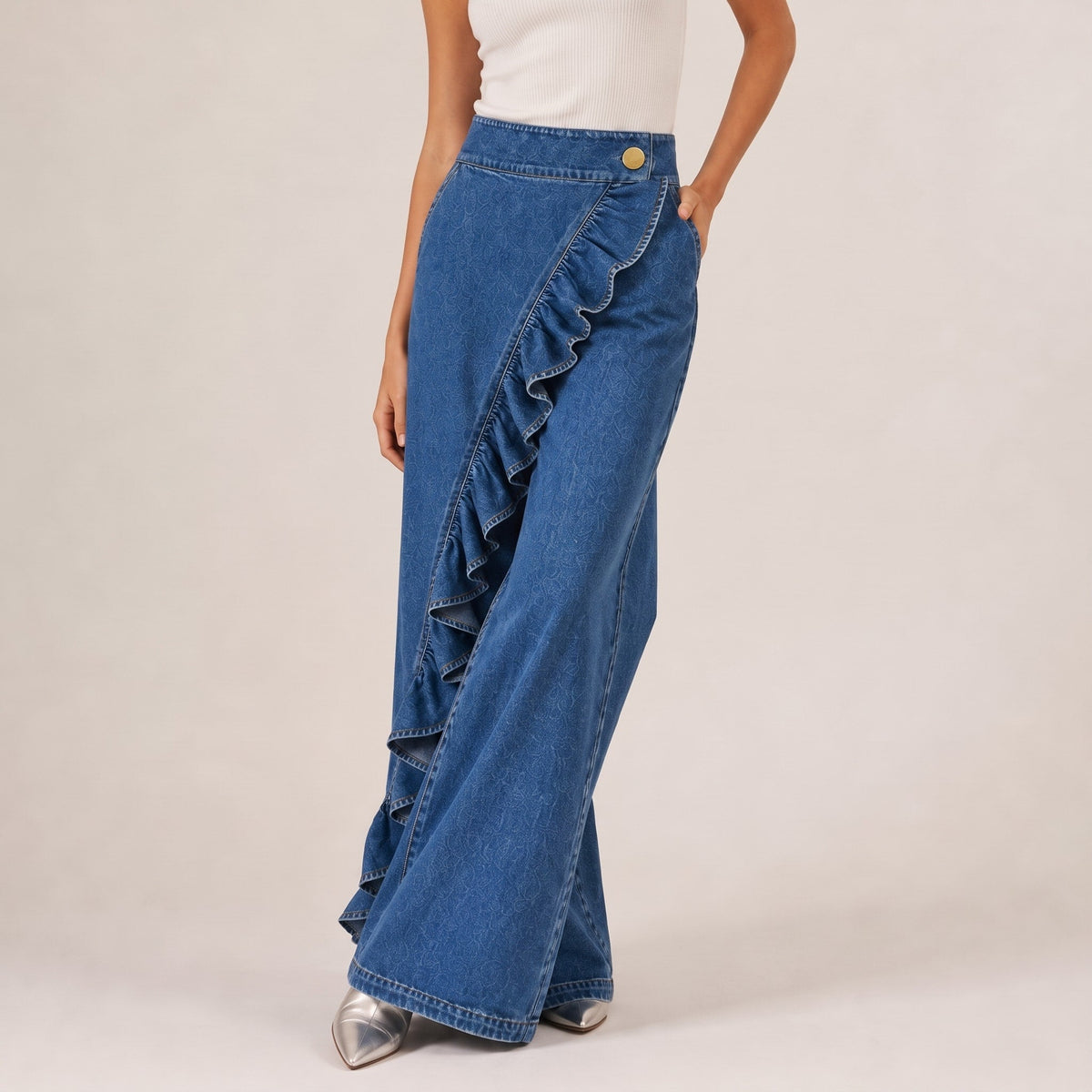 Isla - Women's High-Waisted Wide-Leg Ruffle Denim Pants - Jeans - Blue - Davies & Cooper