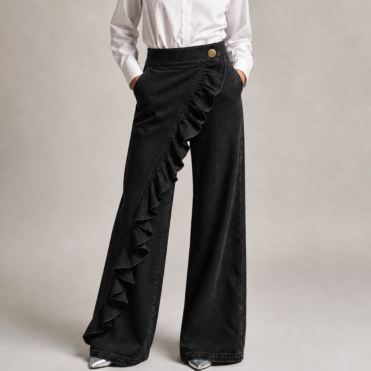 Isla - Women's High-Waisted Wide-Leg Ruffle Denim Pants - Jeans - Black - Davies & Cooper