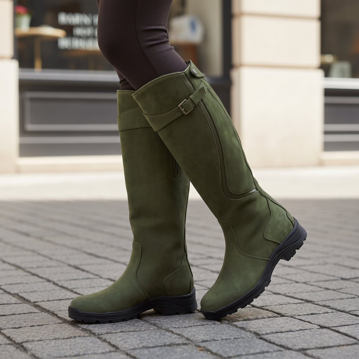 Isla - Women's Knee-High Riding Boots with Buckle Strap and Block Heel - Boots - Green - Davies & Cooper