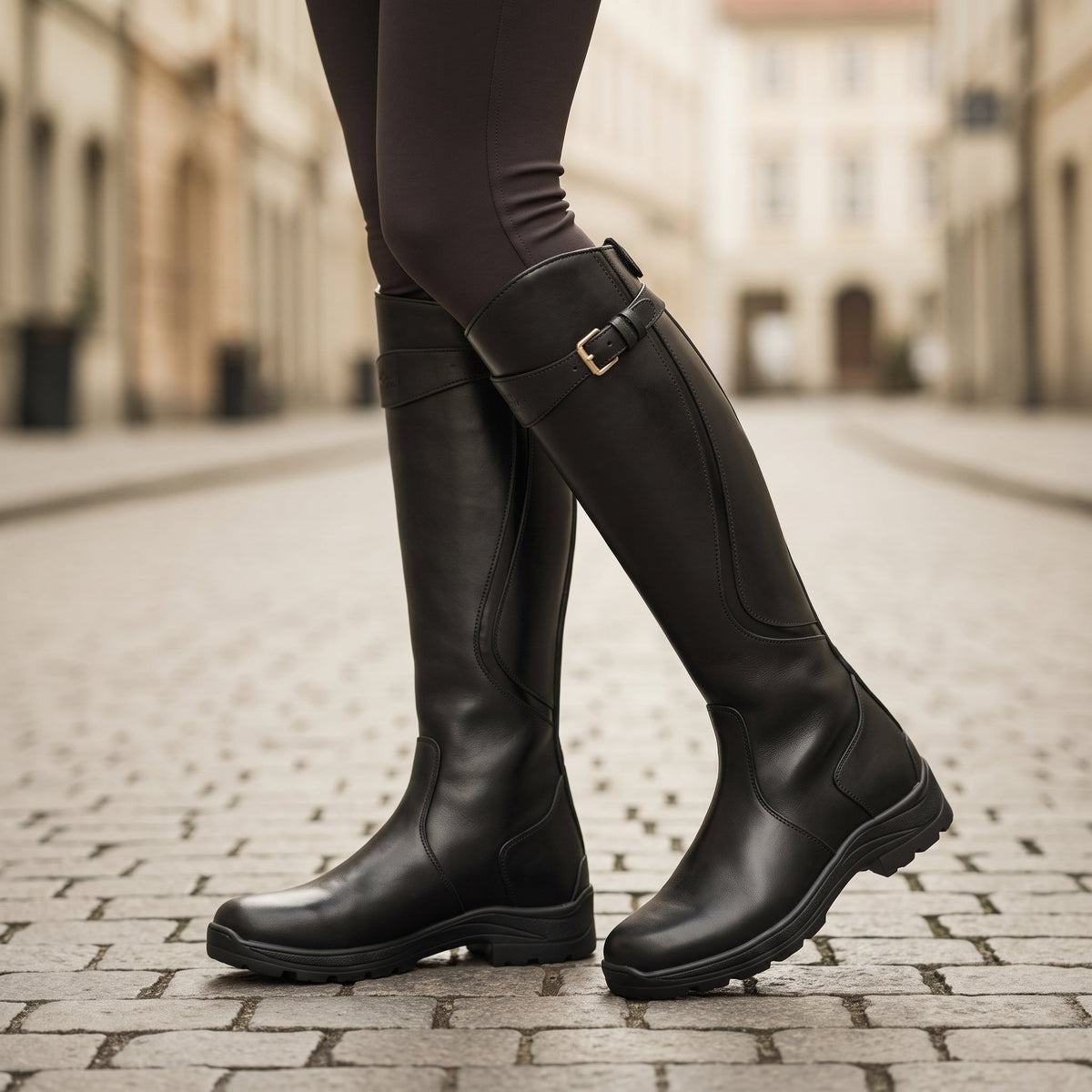 Isla - Women's Knee-High Riding Boots with Buckle Strap and Block Heel - Boots - Black - Davies & Cooper