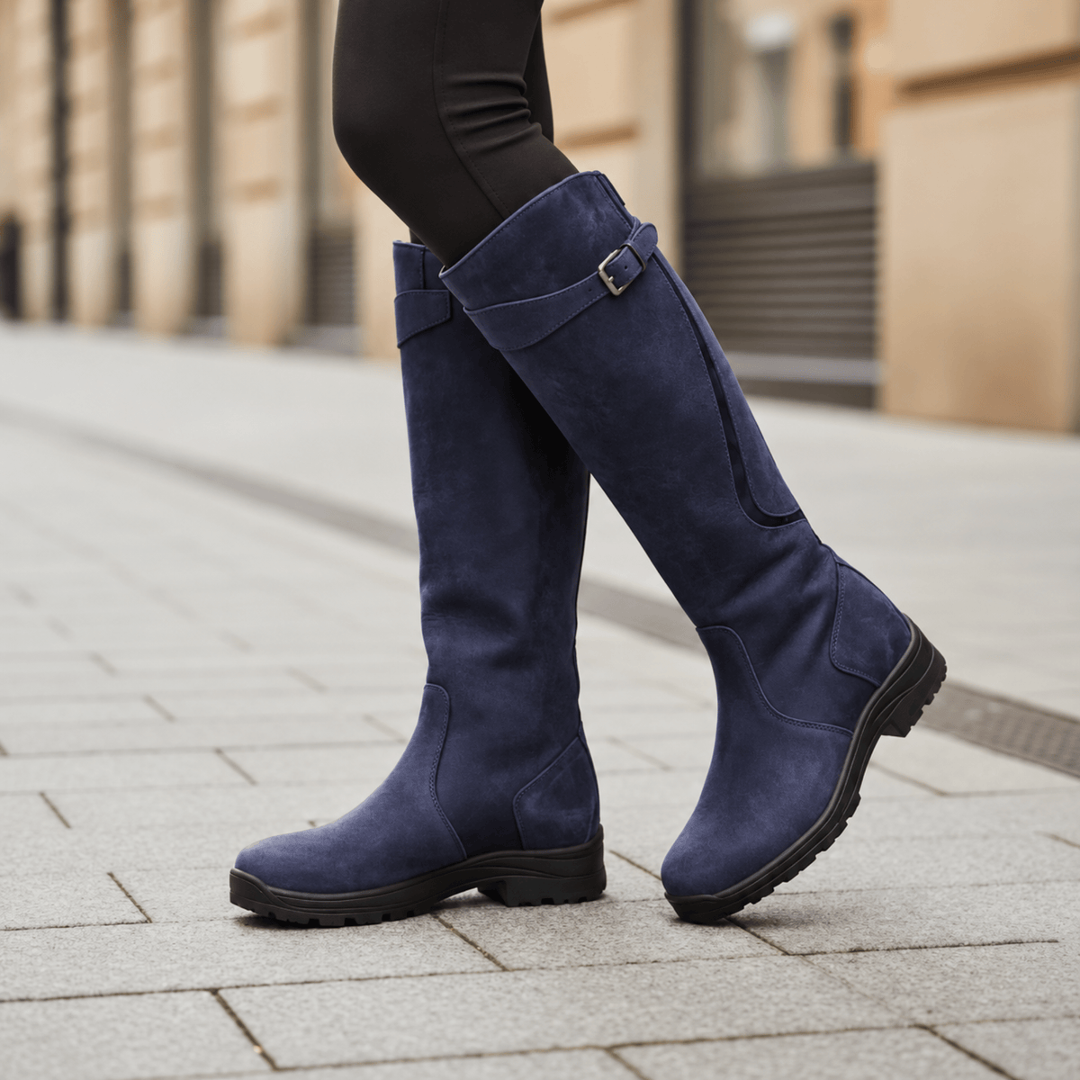 Isla - Women's Knee-High Riding Boots with Buckle Strap and Block Heel - Boots - Blue - Davies & Cooper