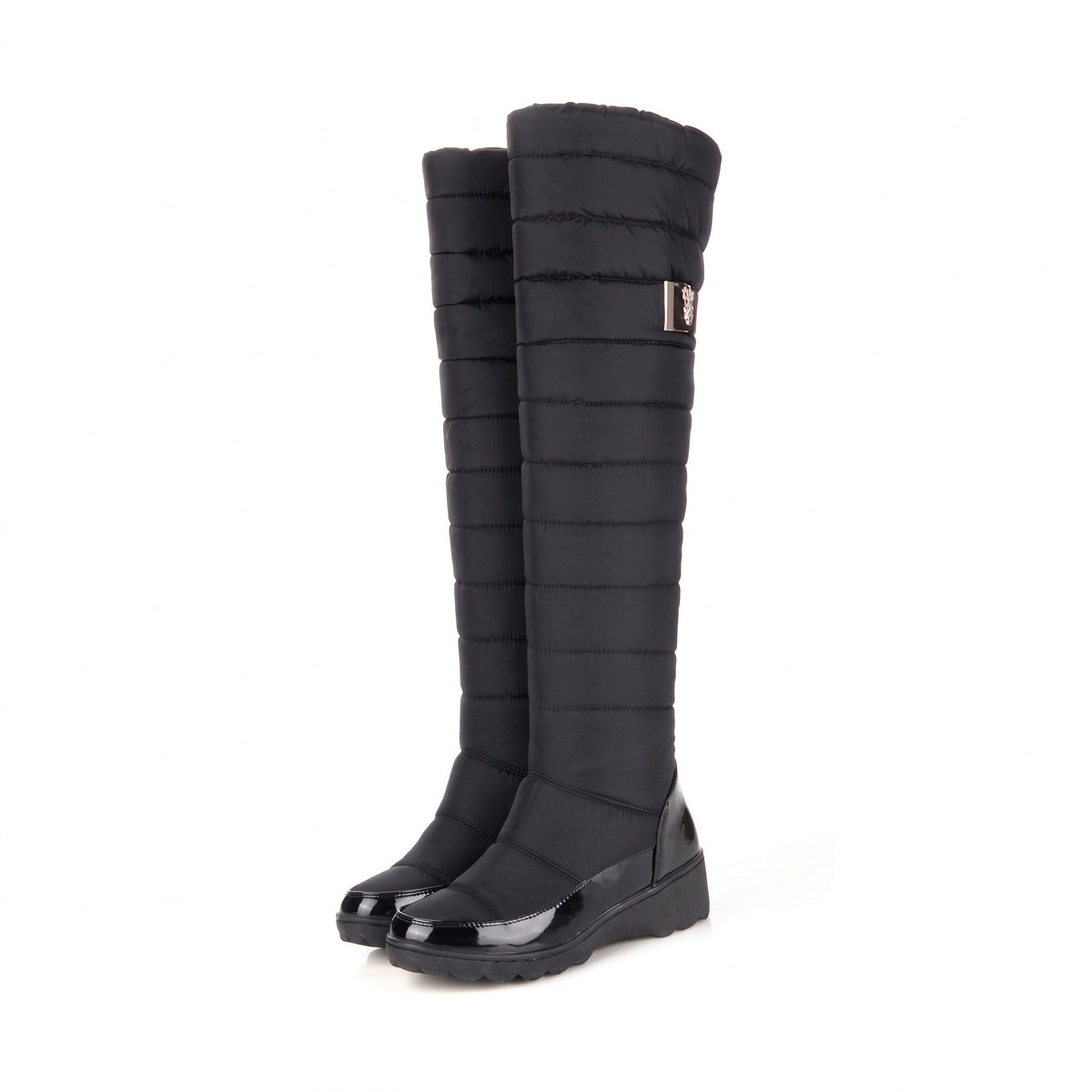 Isla - Women's Knee High Wedge Snow Boots with Buckle Strap - Boots - Black - Davies & Cooper